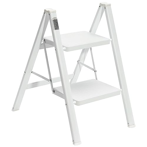 BOCOM 2 Step Ladder, Lightweight Portable Foldable Collapsible Folding Sturdy Iron Metal Step Stool with Anti-Slip Wide Pedal, Heavy Duty 330 lbs Capacity, for Home, Kitchen, Closet, Adults, White