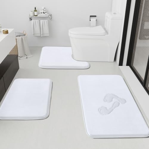 HUXMEYSON Bathroom Rugs Sets 3 Piece Non-Slip & Quick Dry Bath Mat Set Ultra Soft Velvet Bath Rugs for Bathroom Toilet and Shower Floor White