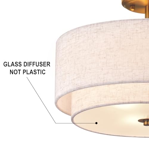 Kirahee 3-MCG 3-Light Semi Flush Mount Ceiling Light Fixture, 16 Inch Gold Drum Light Fixture, Modern Close To Ceiling Light With 2-Laye Fabric Shade Lamps For Bedroom Living Dining Room Hallway Entryway Foyer thumb #4