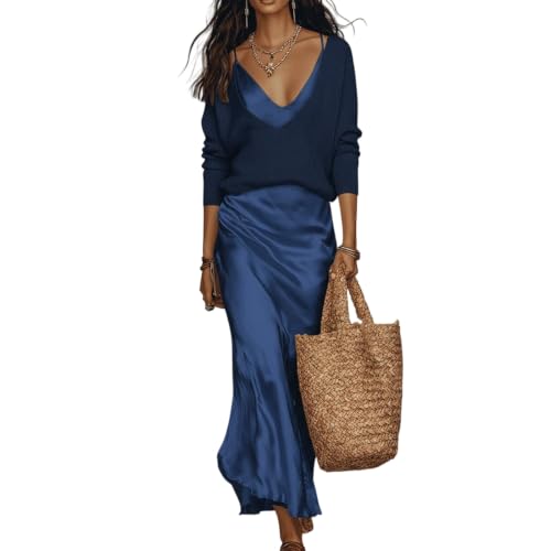 Conjunto de vestido de punto con suéter fino de dos piezas para mujer