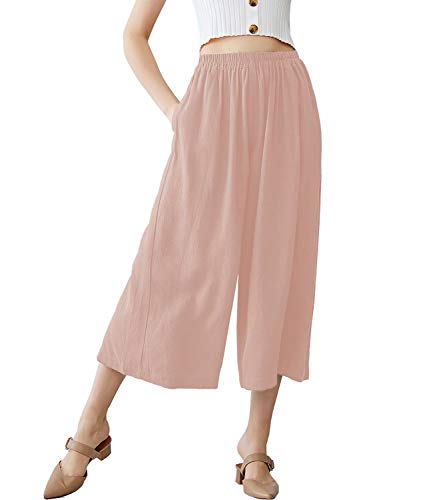 MEOMUA Women's Wide Leg Linen Pant Relaxed Cotton Elastic Waist Crop Pants Skin Pink Large