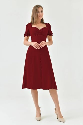 Image of Shasmi Girl's & Women's Solid Midi Dress - Elegant Square Neck Button-Down Dress with Puff Short Sleeves | Stylish Casual & Party & Office Wear Outfit (Dress 105)