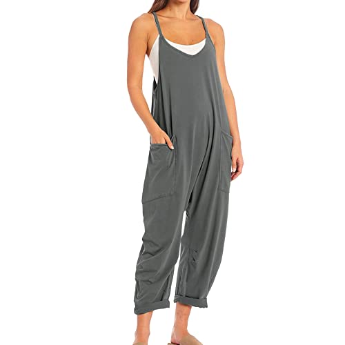 Image of SeeLuNa Womens Casual Sleeveless Jumpsuits V-Neck Spaghetti Strap Wide Leg Romper Overalls Jumpsuit with Pockets(Dark Gray,S)