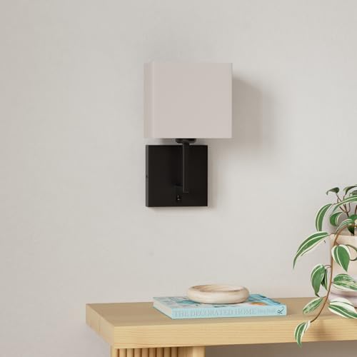 Image of Modern Hard Wired Wall Sconces Set of 2 with on /Off Switch and Square White Fabric Shade,Wall Mounted Light for Living Room Fireplace Mantel Foyer Hallway
