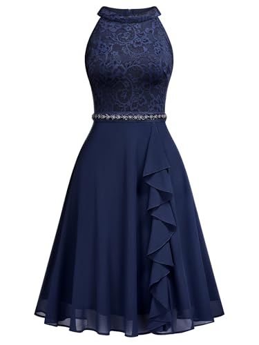 Miusol Women's Halter Neck Lace Ruffle Vintage Cocktail Party A-Line Bridesmaid Dress3