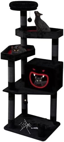 Gothic Cat Tree with Coffin Bed，62.5″ Black Cat Tower with Spacious Demon Styled Cat Condo，Cozy Plush Perch, Scratching Posts，Hanging Ball，Multi-Level Cat Activities Furniture for Large Cats