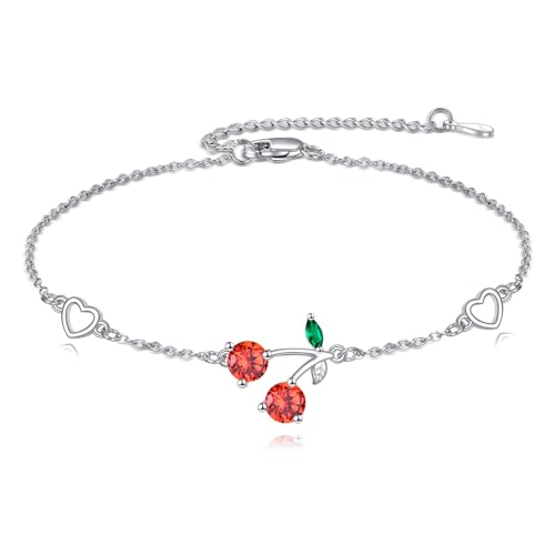 MONGAS Cherry Bracelet 925 Sterling Silver Cherry Link Bracelet Heart Fruit Jewelry For Women
