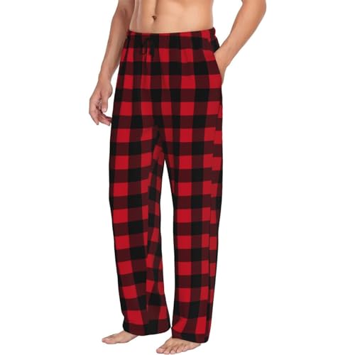 Mens Pajama Pants Bottoms With Pockets- Red Black Twill Stripe Plaid Soft Mens Pj Pants, Comfy Men Lounge Pants