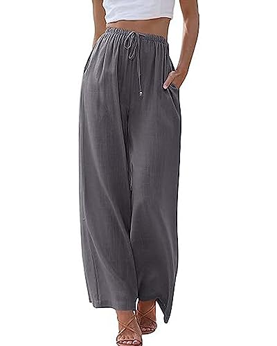 ASHER FASHION Linen Pants Women's Linen Summer Palazzo Pants Flowy Wide Leg Beach Pants with Pockets