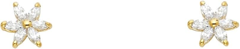 14K Yellow Gold White Flower CZ Stud Earrings with Screw-back