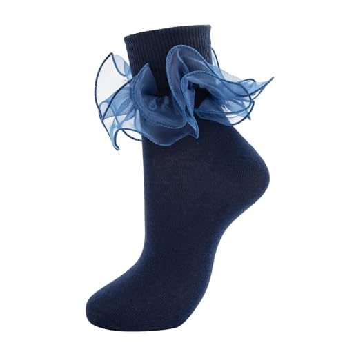 Image of Women Big Ruffle Ankle Socks Adult Double Lace Frilly Socks Fold Cuff Cotton Ruffled Dress Crew Bobby Bride Sock