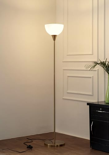 Image of Divine Trends Uplighter Brass Antique Finish Floor Lamp for Living Room with Frosted Glass Lampshade | Includes LED Warm Bulb | Hidden Wire Design | Uplight Corner Standing Lamp for Home | Pack of 1