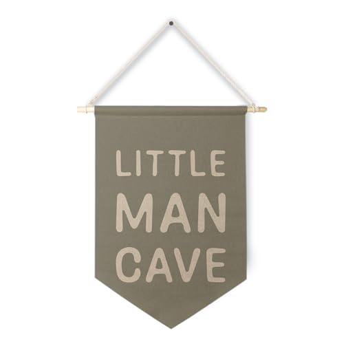 Image of Qpenm Little Man Cave Hanging Wall Canvas Banner, Kids Playroom Hanging Pennant Flag Prints,Sage Green Nursery Boy Wall Decor, Baby Boy Wall Art 12x18in
