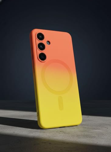 Image of amazon basics Gradient Mag-Safe Case for Samsung Galaxy A56 5G | Soft Silicone Shockproof Cover with Camera Protection | Slim Lightweight Design | Smooth Touch & Durable - Orange & Yellow
