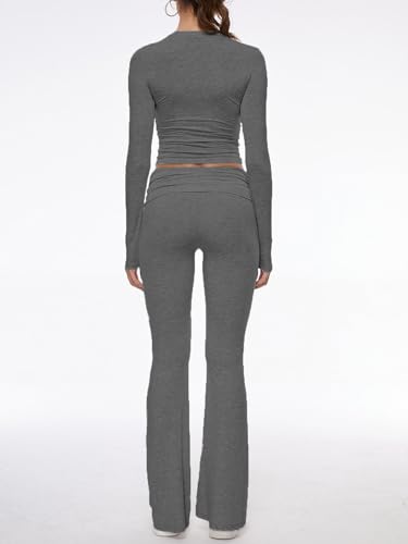 Image of AnotherChill Women's Long Sleeve Top Foldover Flare Pants Lounge Set | 2 piece cropped shirt and slim flare trousers comfy loungewear, soft modal casual matching sets, travel airport outfits