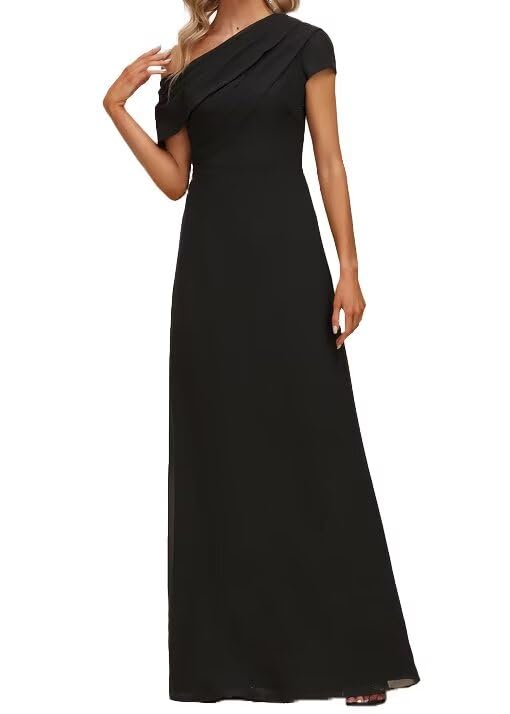 Mother of The Bride Dresses Pleated A-line One Shoulder Floor Length Chiffon Short Sleeves Long Formal Evening Gowns2