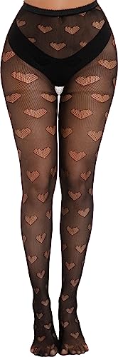 Image of Womens Heart Fishnet Stretch Polka Dot Nylon Soft Pantyhose High Waist Patterned Stockings Tights, Black, One Size