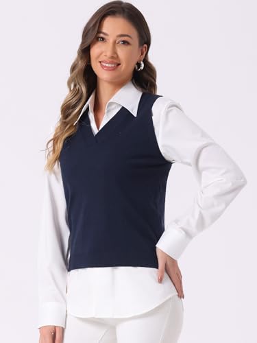 Image of Allegra K Women's V Neck Sweater Vest Knit Pullover Sleeveless Sweater Top | v neck, sleeveless, solid color, high low hem, basic pullover sweater vest, knit fabric, spring casual top