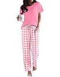 Ekouaer Pajama Sets for Women 2 Piece Short Sleeve Pj Sets With Long Printed Pants Loose Lounge Sets Pink-White Plaid Large