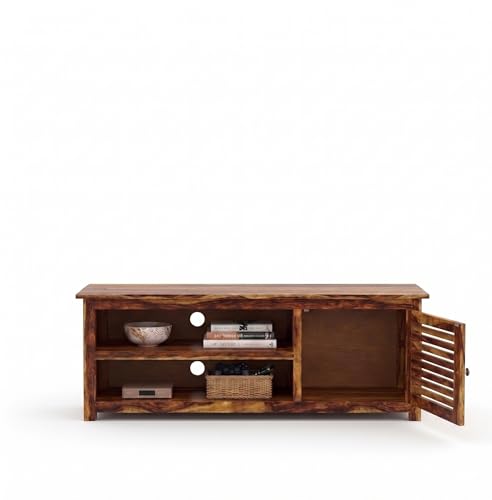 Image of Sheesham Wood Entertainment TV Unit Cabinet with 1 Door and 2 Shelf Storage for Home Living Room Multipurpose Furniture for Hall Office Decor (Honey Teak Finish)