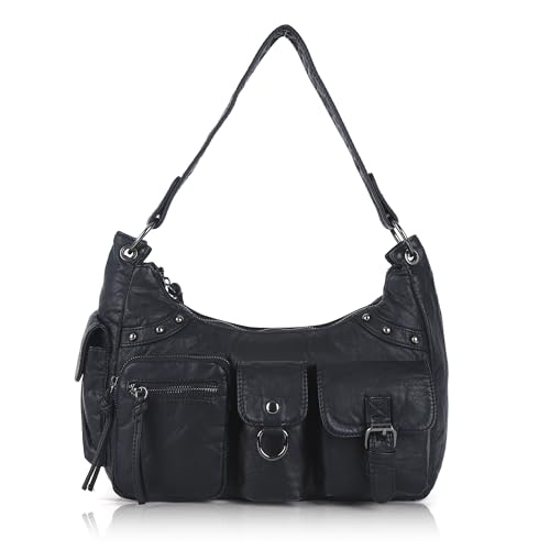 Angel Kiss Hobo Bag for Women Soft Vegan Leather Shoulder Handbag Multi-Pocket Tote Crossbody Bag, Removable Strap