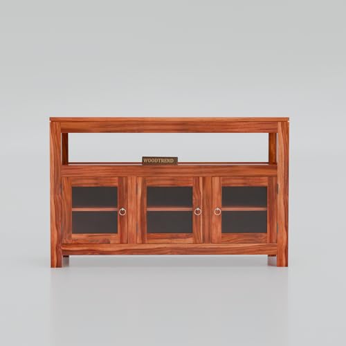 Image of Solid Wood Sideboard Cabinet for Living Room | Wooden Storage Cabinet with Acrylic Glass Doors & Open Shelf (Honey Finish)