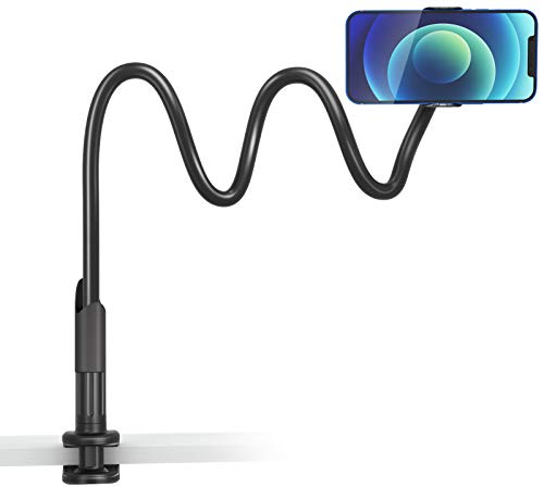 Ktrio Gooseneck Phone Holder for Bed, Cell Phone Clip Clamp Mount for Desk,Flexible Long Arm Cell Phone Stand Headboard Bedside,Compatible with Phone 12 Mini 11 Pro Xs Max XR X 8 7 6 Plus,Black