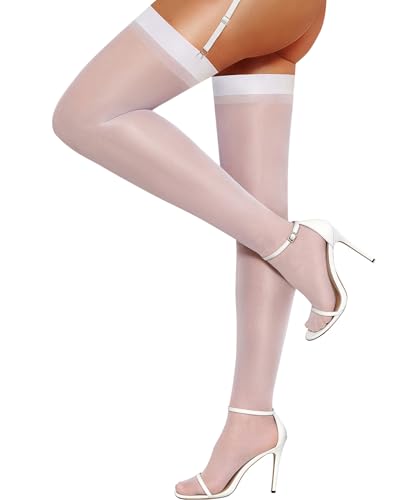 RSLOVE Thigh High Stockings for Women Sheer Stockings Nylon Pantyhose Perfect for Garter Belts & Lingerie Outfits White One Size