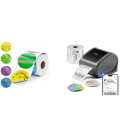 Image of Bluetooth Shipping Label Printer with 1 Roll Labels & 400PCS 4 Color Circle Holographic Thermal Labels, Compatible with USPS, Tiktok, Amazon