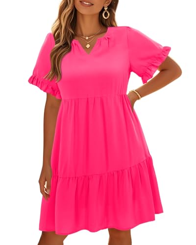 Hot Pink Dress Plus Size Women Summer Casual Babydoll Shift V Neck Short Sleeve Tunic Beach Cute Swing Tiered Sundress