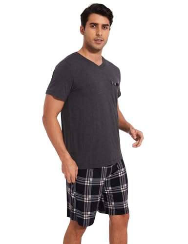 GYS Bamboo Viscose Mens Summer Pajamas Set Short Sleeve Plaid Pjs Shorts Set4