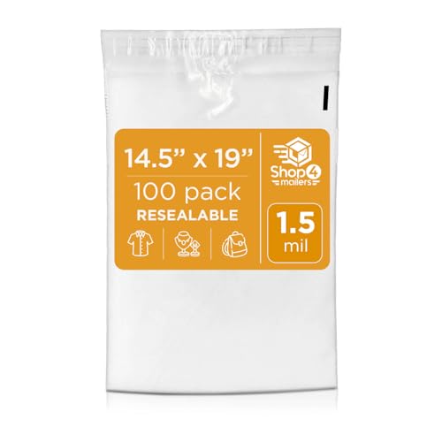 Shop4Mailers 14.5 x 19 Clear Plastic Poly Bags 1.5 Mil Self Seal Packaging for Apparel, Jewelry, Documents, Prints, Gifts, Storage – Resealable (100 Pack)