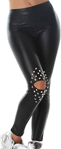 Jela London Damen Wetlook Kunst-Leder Leggings Samt Schwarz Flach-Nieten Knie-Cut Hoher Bund High-Waist Taillenhose 34 36 (S)