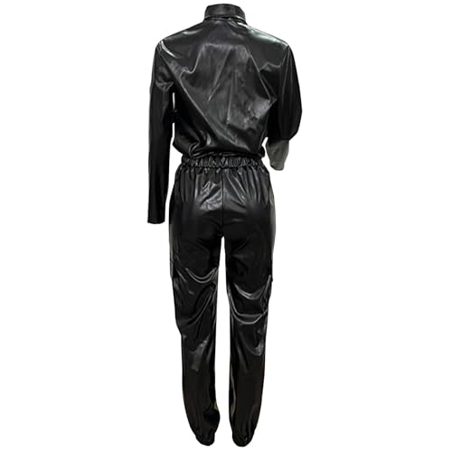 Akklian Premium PU Leather Long Sleeve Outfits Motorcycle Jacket Crop Tops with Cargo Pants 6 Pockets PU Leather Matching Set4