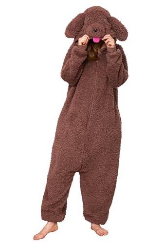 Loiahoer Unisex Erwachsene Pudel Hund Onesie Kostüm Pyjama Dog Halloween Karneval Kostüm,Neuheit Sherpa Welpe Schlafanzug Pyjamas Damen & Herren,Braun,L