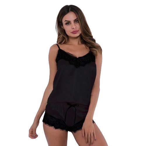 BrownlineTwo-Pieces Ladies Sexy Satin Sling Sleepwear from BROWNLINE Lingerie Lace Cami sling Top with Shorts, Nightdress Underwear Pajama Set