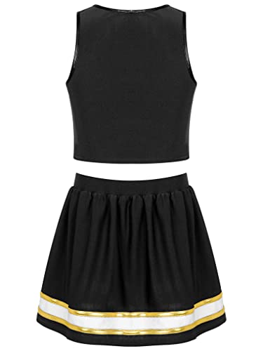 Oyolan Kids Girls 2 Piece Cheer Leader Uniform Outfits Cheerleading Halloween Costume Tank Top With Pleated Skirt Black 8 Years #TOP1