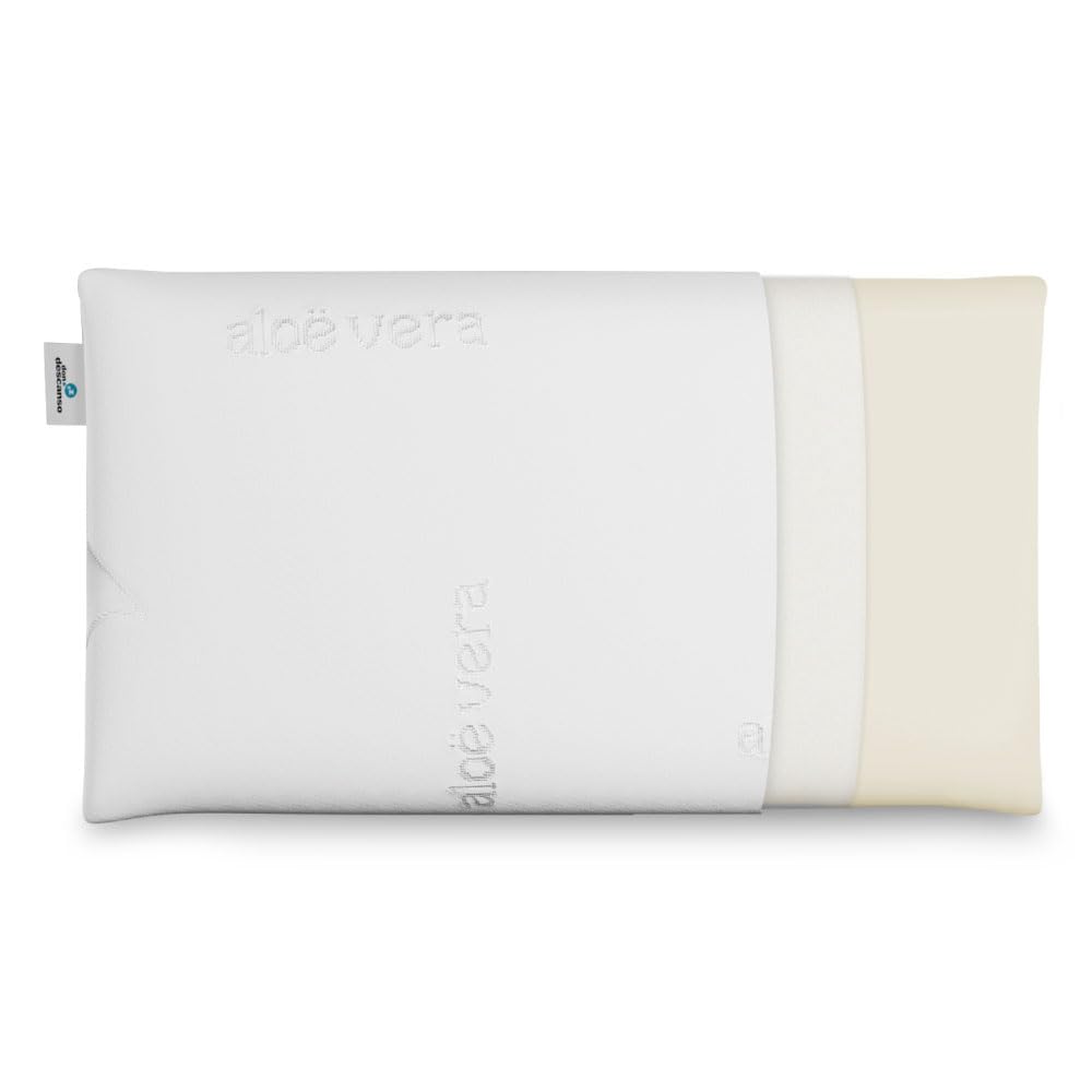 Don DESCANSO - Oreillers en Mousse Mémoire Aloe Vera Agatha avec Double Housse, 105cm, Respirant, Anti-acarien, Thermo-Ajustable, Fermeté Moyenne, Ergonomique, Adaptabilité Parfaite, Tissu Stretch