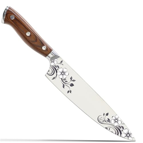 Image of Custom Chef Knife, Personalized Chef knife, Color Engraved knife, Gift, 8 inch Sheath Cover and Gift Box, Gift for Any Season White Floral Engraving (Winter Edition)