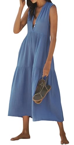 R.Vivimos 2026 Summer Cotton Maxi Dresses for Women Casual Sleeveless Button V Neck Tiered Loose Flowy Beach Long Dress (Medium, Blue)