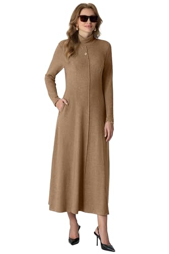 GRECERELLE Women's 2025 Fall Winter Casual Mock Neck Long Sleeve Flared Maxi Sweater Dress with Pockets (XS - 3XL)