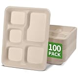 bloomoon 100 Pack 5 Compartment Paper Plates, 10 x 8 inch Disposable Lunch Trays with 5 Compartment, Heavy Duty Divided Paper Plates for Buffet, School, Party