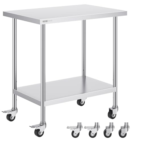 VEVOR Table de Travail Inox 61 x 91,4 x 95,5 cm, Table de Préparation des Aliments avec 4 Roulettes, 3 Niveaux de Hauteur Réglables, Meuble de Rangement...