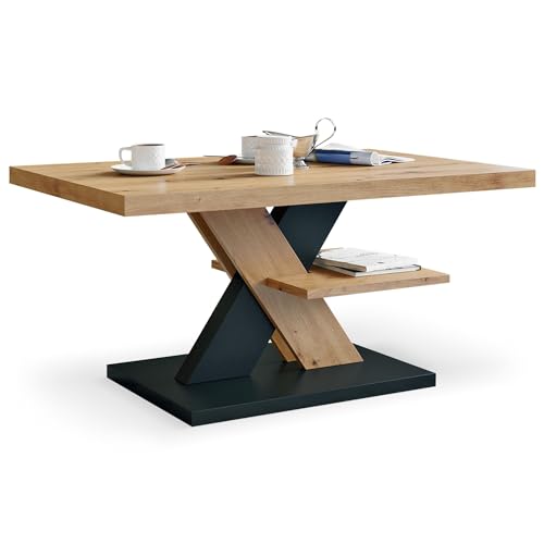Viosimc Table Basse Bois et Noir – Table de Salon avec Plateau Rectangulaire en Bois Couleur Chêne Artisan et Base Noir Mat. Coffee Table élégante –...