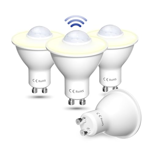 Lamptobe Bombilla LED Detector Movimiento, 5W GU10 Blanco Cálido 3000K No Regulable Auto On/Off Bombilla PIR LED Exterior Interior para Garaje, Pasillo, Patio(4 Unidades)