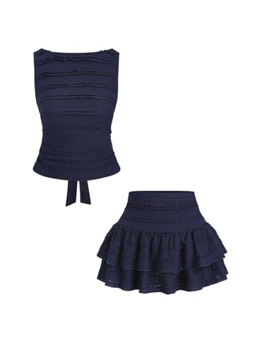 Verdusa 2 Piece Sets for Women Summer Sets Textured Tie Back Tank Top with Ruffle Layered Skirt Vacation Outfits Dark Blue Small