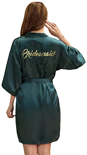 Df-Deals Women's Satin Kimono Robe For Bridesmaid And Bride Wedding Party Getting Ready Short Robe With Gold Glitter Dark Green X-Large 8-10 #TOP9