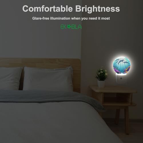 Image of EKOBLA Dolphin Night Light, Colorful Ocean Coral and Fish Night Lights Plug Into Wall with Auto Sensor for Coastal Bathroom Home Decor