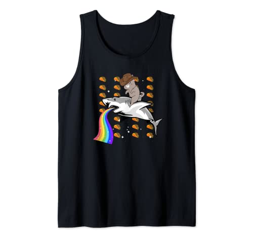 Western Cowboy gato montando un tiburón en el arco iris del espacio del taco Camiseta sin Mangas