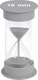 Ameisenkeks Reloj de arena de 15 minutos – Temporizador de plástico y cristal gris (diámetro 6,5 x 12,5 cm) – Ideal para meditación, aprendizaje, juegos, cocina o baño – a partir de 3 años